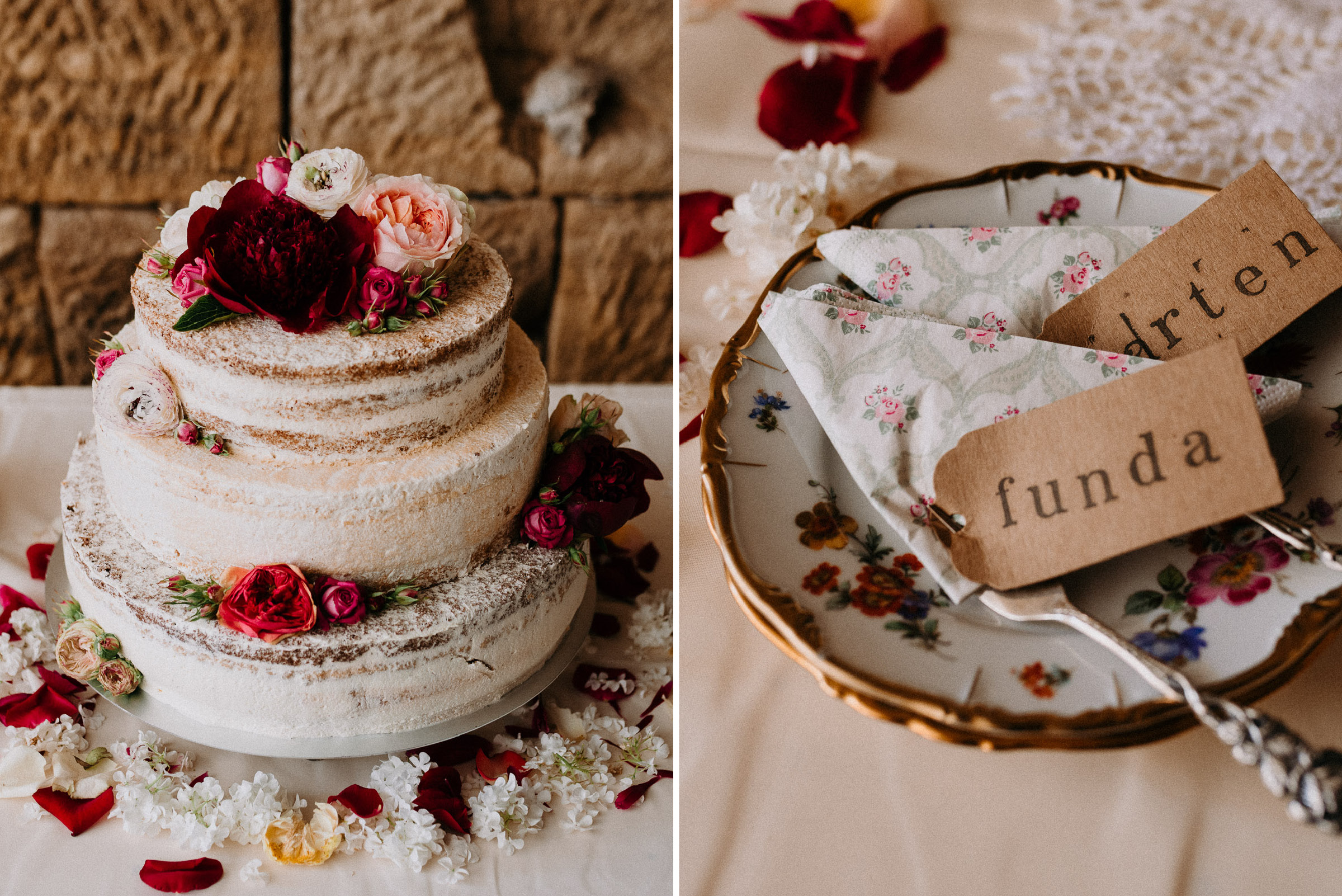 Deutsch-türkische Hochzeit: ein naked cake als Hochzeitstorte, verziert mit roten Blumen